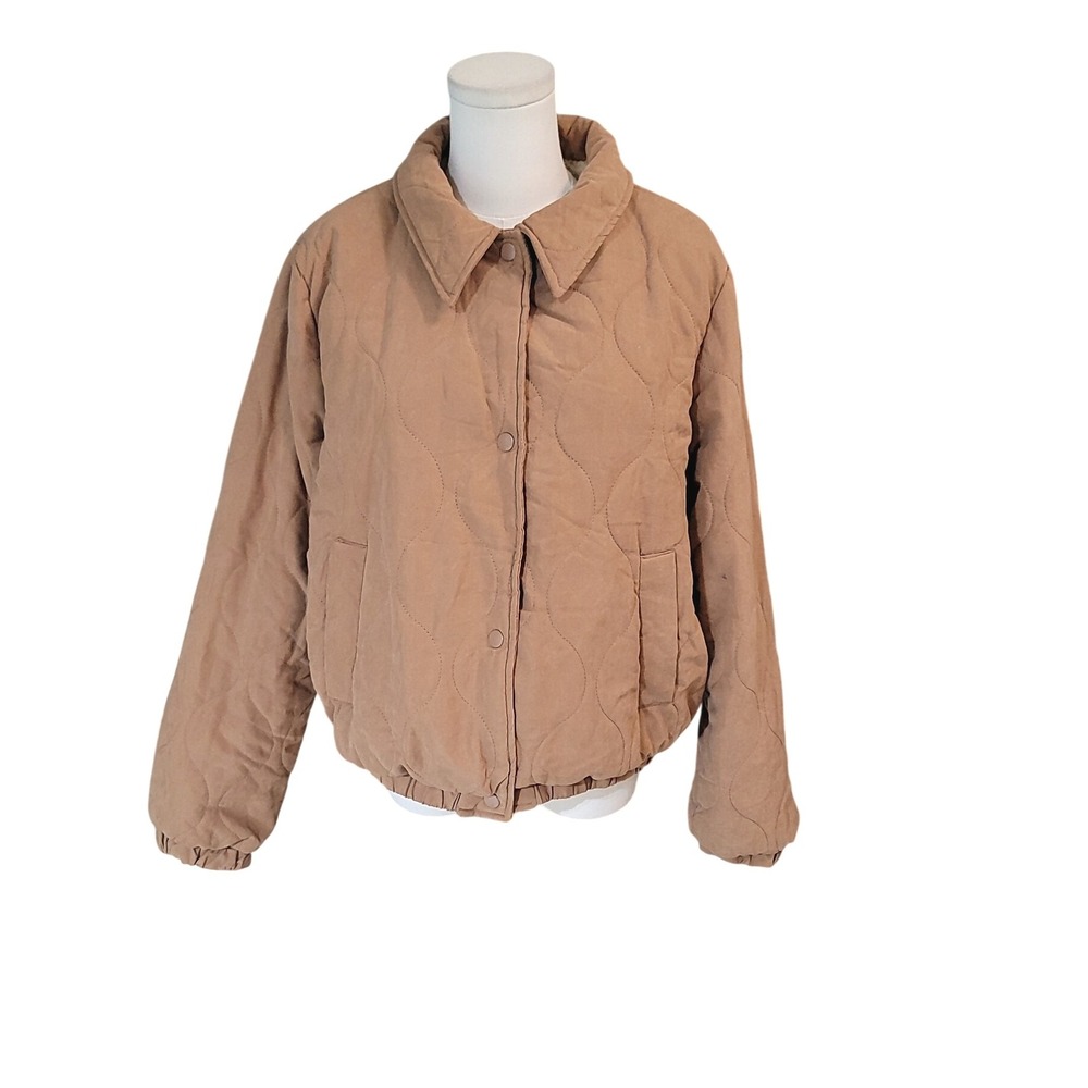 CISONO Womens Padded Quilted Jacket Large L Sherpa Lined Cozy Tan Coat
